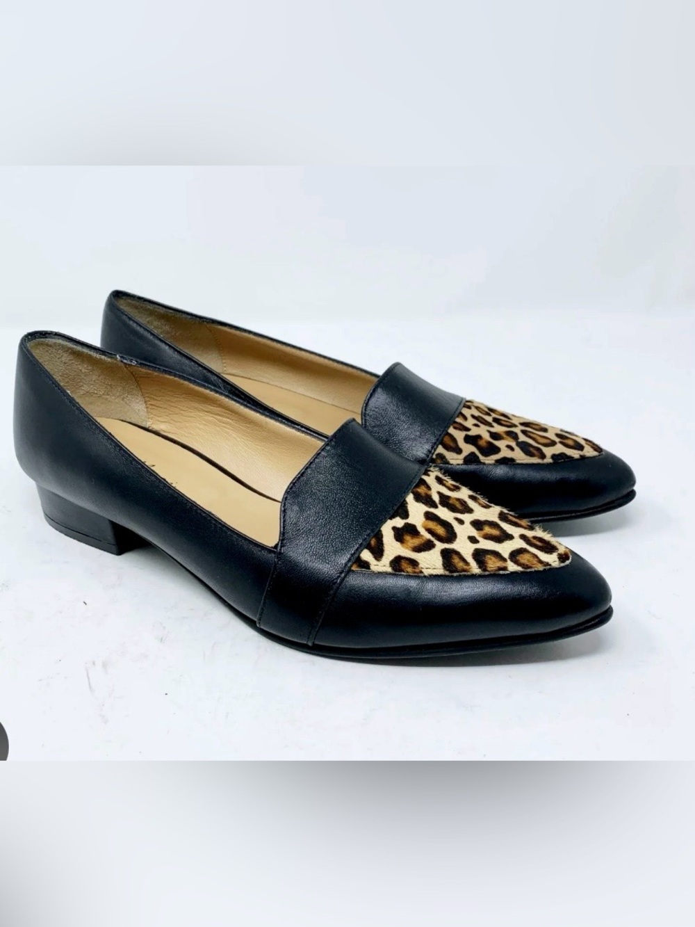 Black Leather Loafers with Leopard Toe Accent